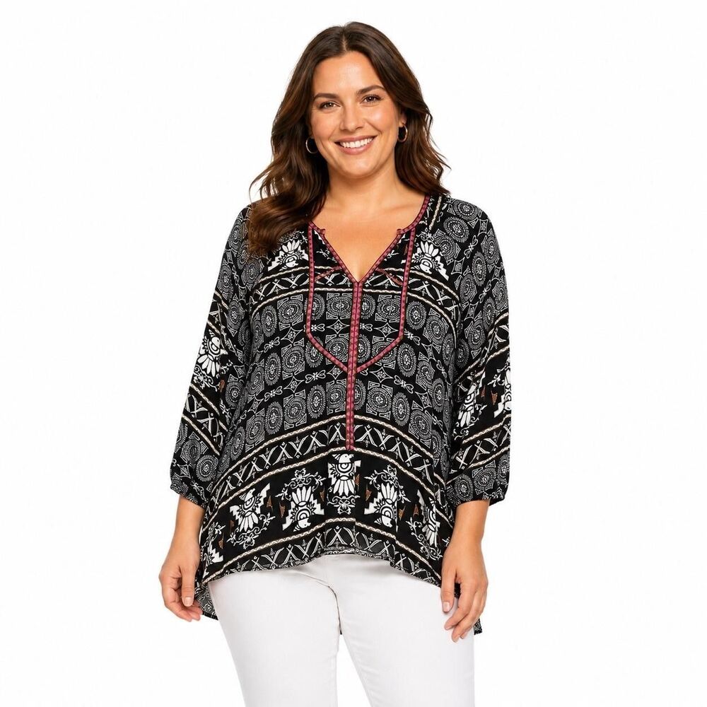 Ali Miles Tunic Blouse Womens Large Black Embroidered V Neck 3/4 Sleeve Top